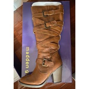 Madden Girl “Kickback” tall heel boots in cognac
